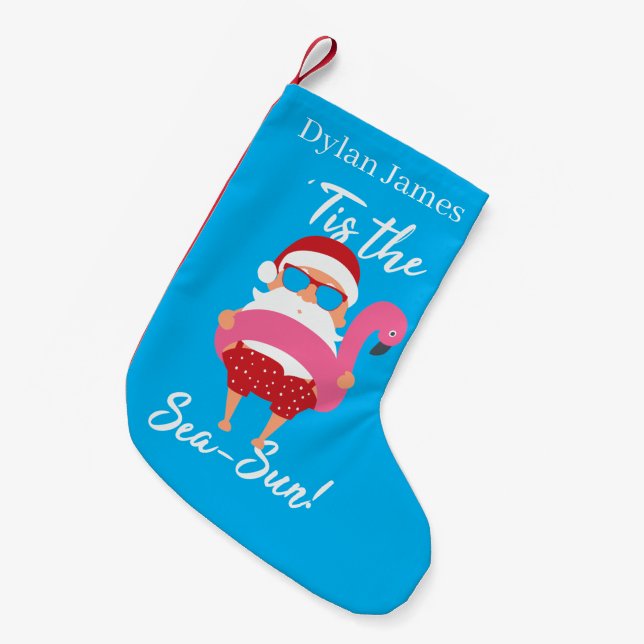 festive beach Santa add name Small Christmas Stocking (Front (Hanging))