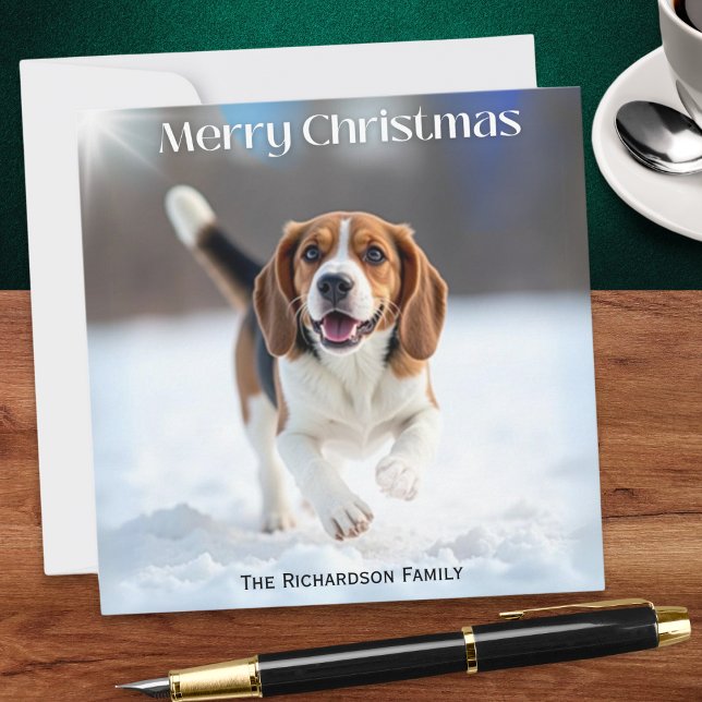 Festive Beagle Dog In Winter Snow Christmas Holiday Card (A personalized Christmas card, with picture of a beagle dog running through winter snow)