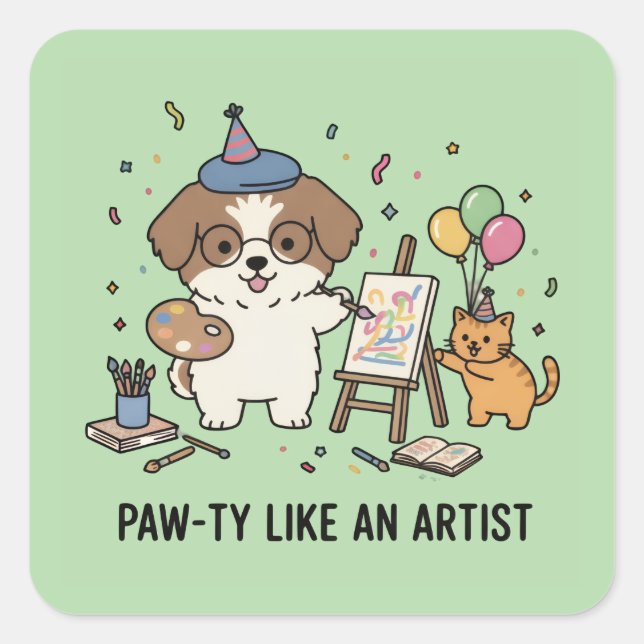 Festive Beagle Painter and Cat Companion Art Square Sticker (Front)