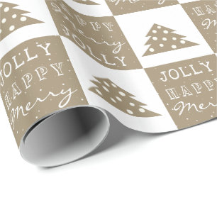 Festive Beige Joyful Typography Christmas Tree Wrapping Paper
