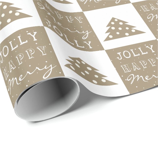 Festive Beige Joyful Typography Christmas Tree Wrapping Paper (Roll Corner)