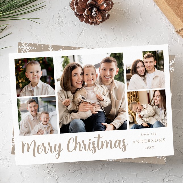 Festive Beige Script 5 Photo Collage Holiday Card (Creator Uploaded)