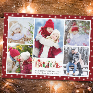 Festive BELIEVE Christmas Spirit 5 Photo Collage Holiday Card