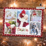 Festive BELIEVE Christmas Spirit 5 Photo Collage Holiday Card<br><div class="desc">Christmas photo holiday greeting card with a photo collage of 5 pictures featuring a festive BELIEVE typography title filled with Christmas spirit with cute and whimsical Christmas icons like Santa, elves and reindeer, etc. and white holiday fairy or twinkle lights and your choice of background colour (the sample shows a...</div>