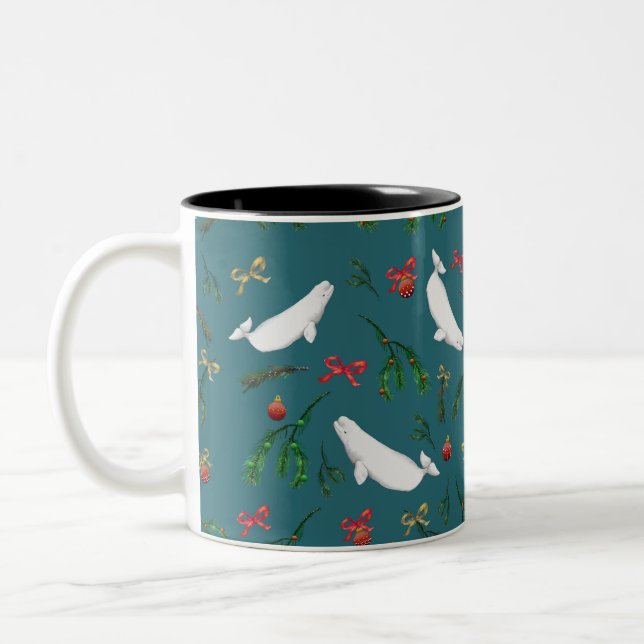 Festive Beluga Whale Illustration Christmas  Two-Tone Coffee Mug (Left)