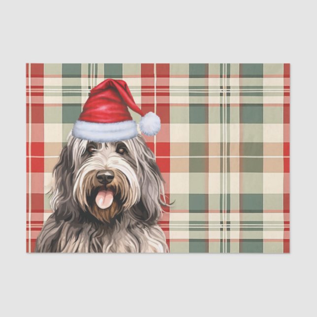Festive Bergamasco Dog Plaid Christmas Tissue Paper (Front)