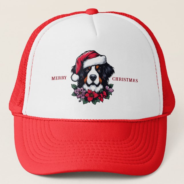 Festive Bernese Dog with Santa Hat and Florals (Front)