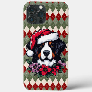 Festive Bernese Dog with Santa Hat and Florals iPhone 13 Pro Max Case