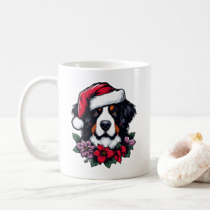 Festive Bernese Dog with Santa Hat and Florals Coffee Mug