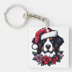 Festive Bernese Dog with Santa Hat and Florals Key Ring