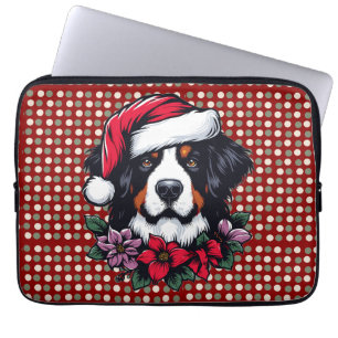 Festive Bernese Dog with Santa Hat and Florals Laptop Sleeve