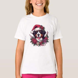 Festive Bernese Dog with Santa Hat and Florals T-Shirt