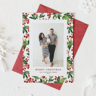 Festive Berries and Greenery Merry Christmas Photo Holiday Card