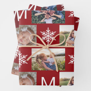 Festive Berry Snowflakes Monogram Photo Collage Wrapping Paper Sheet