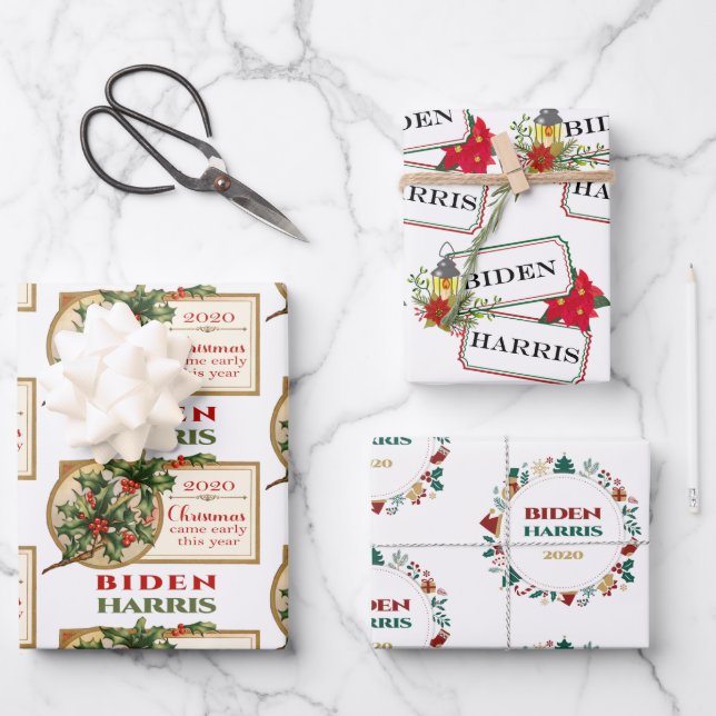 Festive Biden Harris 2020 Christmas Wrapping Paper Sheet (Front)