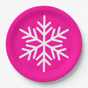Festive Big White Alpine Snowflake On Bright Pink Paper Plate