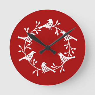 Festive Bird and Flower Scandi Wreath Round Clock