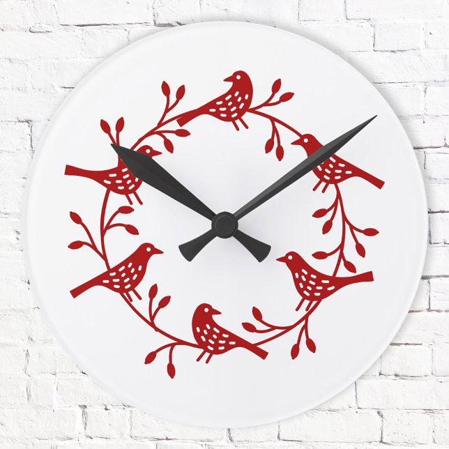 Festive Bird and Flower Scandi Wreath Round Clock (Red and white festive Scandinavian bird wall clock)