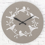 Festive Bird and Flower Scandi Wreath Round Clock<br><div class="desc">A modern Scandinavian bird and flower wreath. White on neutral.</div>