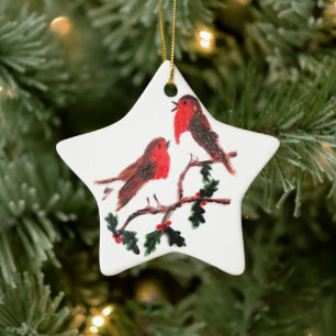 Festive Bird Art, Robin Holly Ceramic Tree Decoration