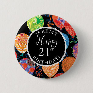 Festive Birthday Balloons Add Name and Age 6 Cm Round Badge
