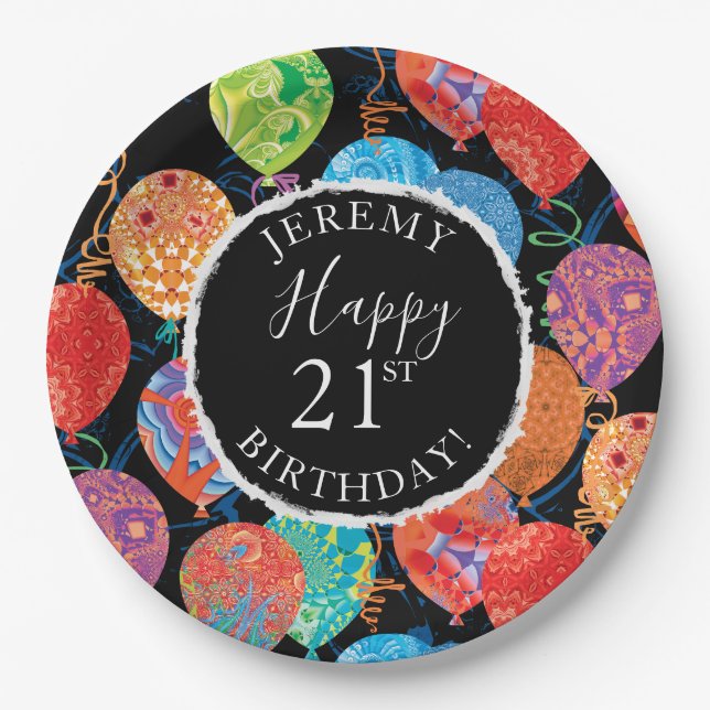 Festive Birthday Balloons Add Name and Age Paper Plate (Front)