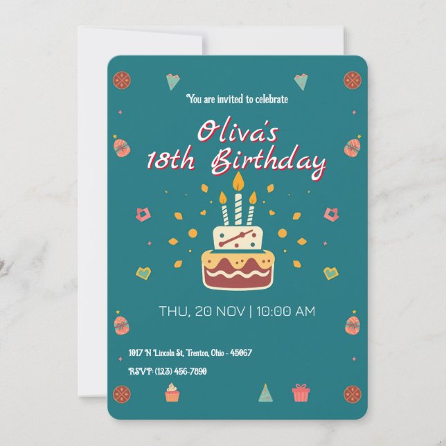 Festive Birthday Cake with Candles and Icons Invitation (Front)
