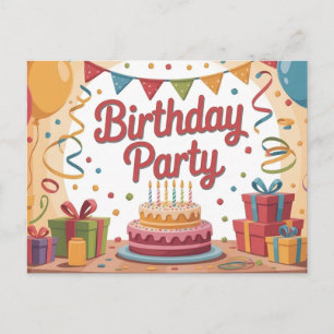 Festive Birthday Party Illustration with Cake Holiday Postcard
