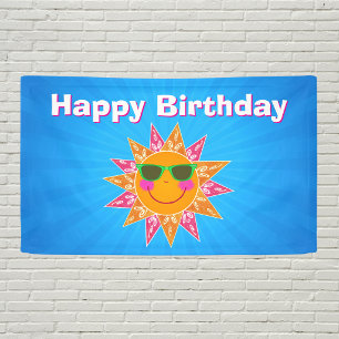 Festive Birthday Sun With Face Pink Orange Blue Banner