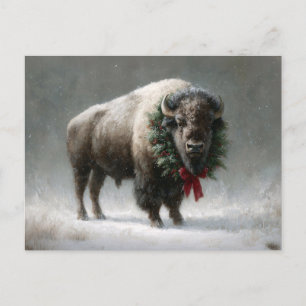 Festive Bison with Holiday Wreath Postcard