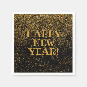 Festive Black and Gold Glitter Confetti Happy New Napkin