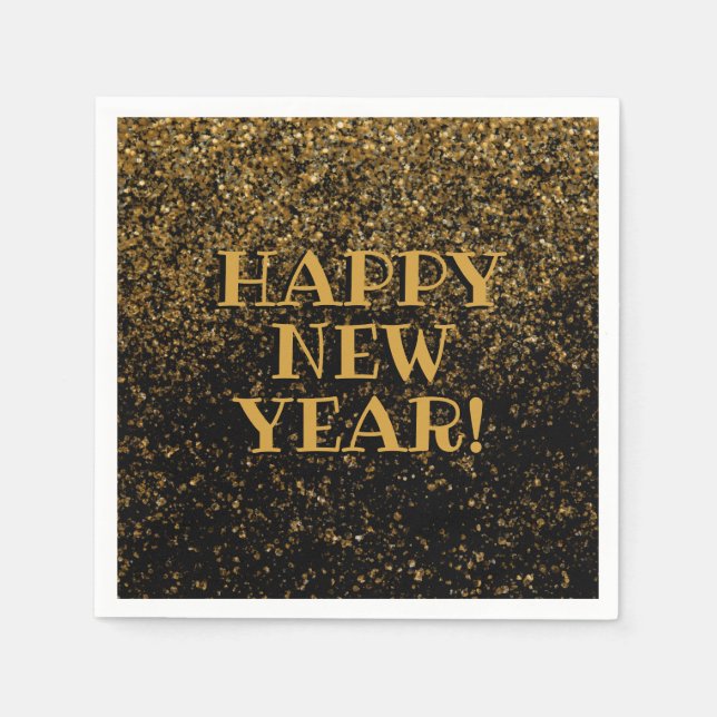 Festive Black and Gold Glitter Confetti Happy New Napkin (Front)