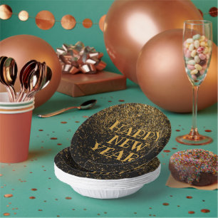 Festive Black and Gold Glitter Happy New Year Paper Plate