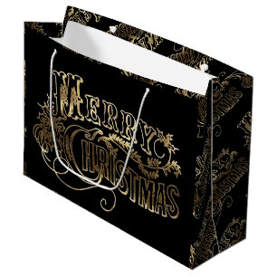 Festive Black and Gold Look Script Merry Christmas Large Gift Bag