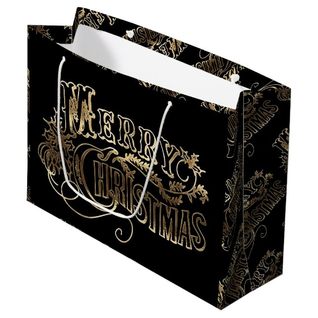 Festive Black and Gold Look Script Merry Christmas Large Gift Bag (Front Angled)