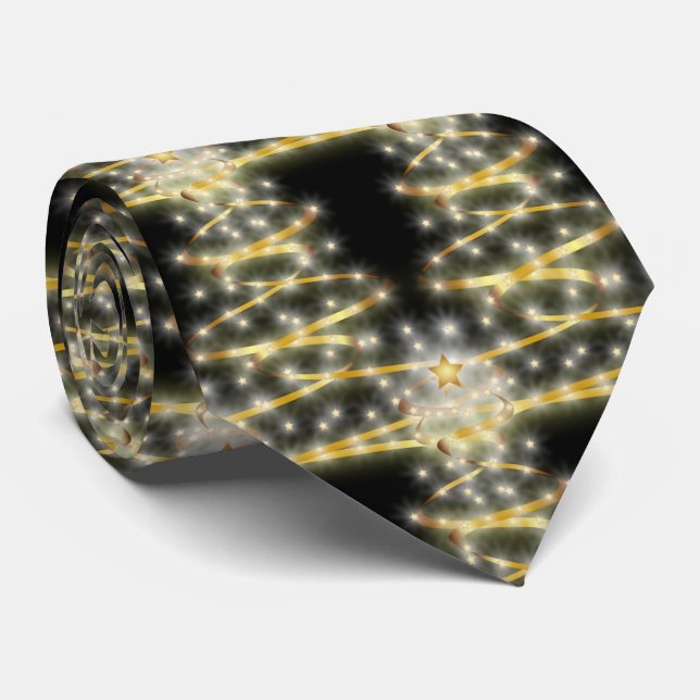 Festive Black and Gold Swirl Christmas Tree  Tie (Rolled)