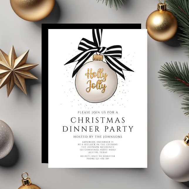 Festive Black And White Christmas Dinner Party Invitation (Festive Black And White Christmas Dinner Party Invitation)