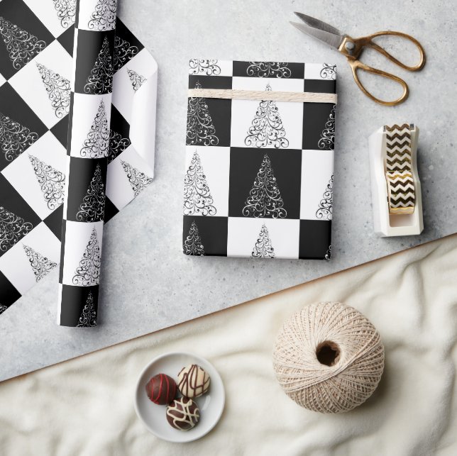 Festive Black and White Christmas Tree Gift Wrapping Paper (Crafts)