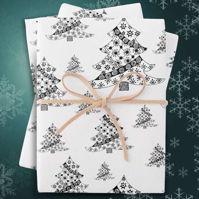 Festive Black and White Christmas Tree Holiday Wrapping Paper Sheet (Creator Uploaded)
