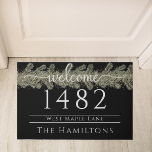 Festive Black and white family name address  Doormat