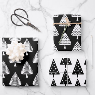 Festive Black and White Holiday Trees Wrapping Pap Wrapping Paper Sheet