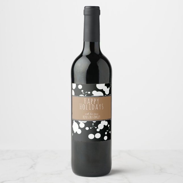 Festive Black and White Personalizable Christmas Wine Label (Front)