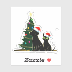 Festive Black Cat and Dog with Santa Hats Christma