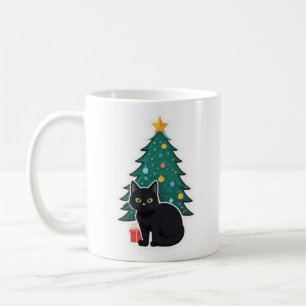 Festive Black Cat & Christmas Tree Holiday Mug