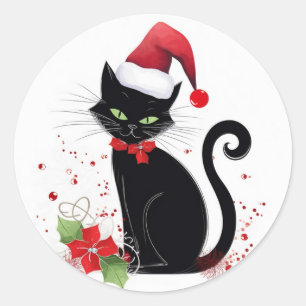 Festive Black Cat Classic Round Sticker
