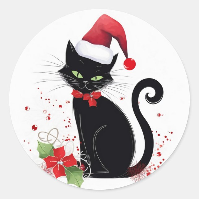 Festive Black Cat Classic Round Sticker (Front)