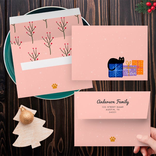 Festive Black Cat Coffee Pink Gold Christmas Envelope (Creator Uploaded)