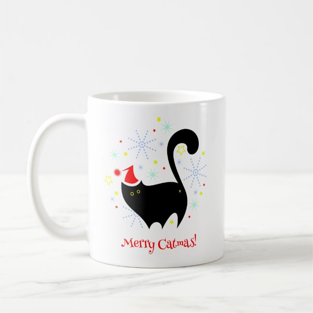 Festive Black Cat in Santa Hat Merry Catmas Coffee Mug (Left)