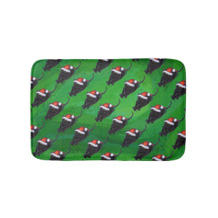 Festive Black Cat Pattern on Green Bath Mat