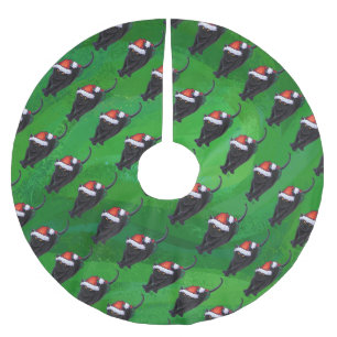 Festive Black Cat Pattern on Green Brushed Polyester Tree Skirt